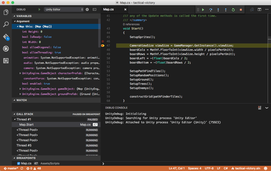 visual studio code unity debugger commands